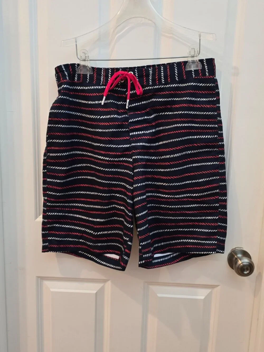 Land's End Men's Swim Trunks Size M Navy Red Rope Print Mesh Lined Board Shorts